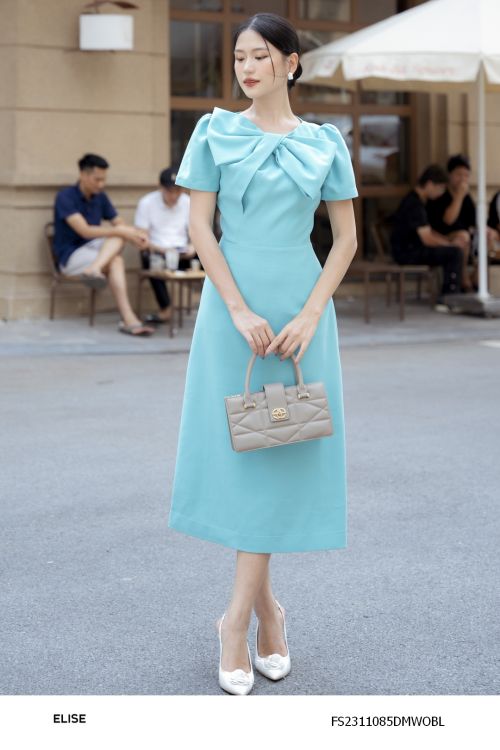 ĐẦM XANH VÂN CHÉO XOẮN NƠ CỔ
