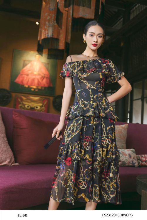 ĐẦM VOAN ĐEN HT XÍCH XẾP BÈO TẦNG
