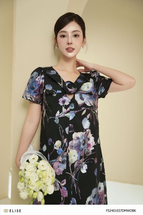 ĐẦM SUÔNG TƠ XỐP HOA ĐEN NƠ CỔ