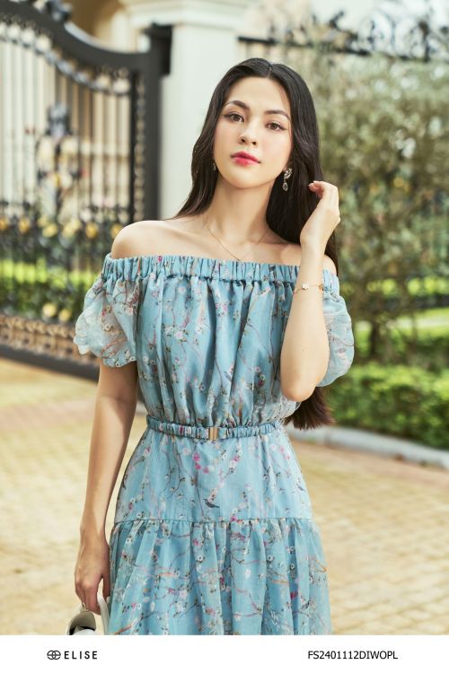 ĐẦM VOAN HOA NỀN XANH TRỄ VAI