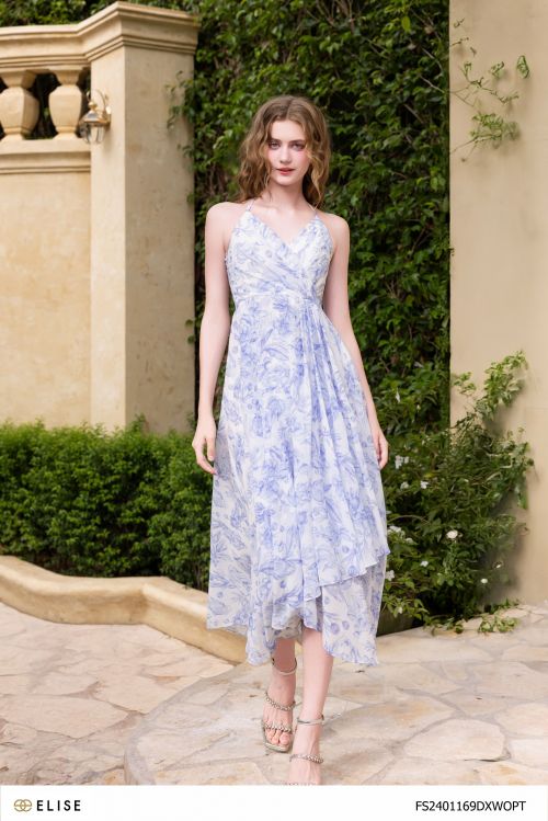 ĐẦM MAXI CHIFFON TRẮNG HOA XANH DÂY CỔ
