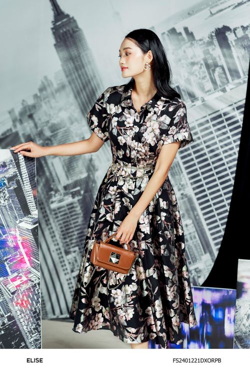 ĐẦM TƠ XỐP ĐEN HOA HỒNG CỔ ĐỨC