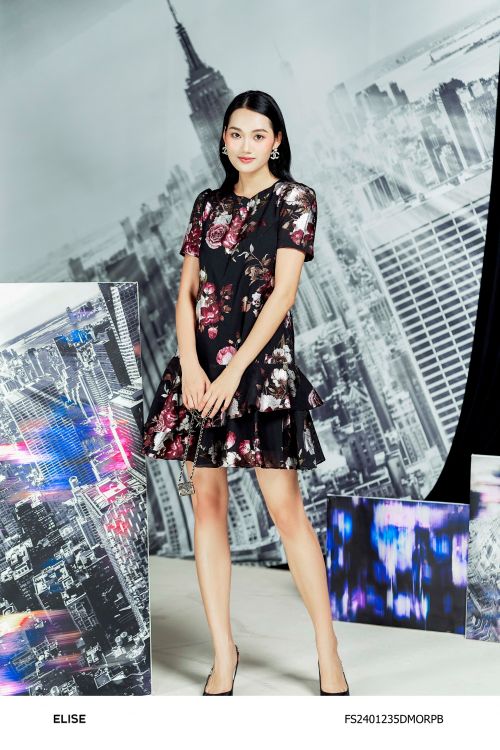 ĐẦM TƠ XỐP ĐEN HOA ĐỎ BÈO TẦNG GẤU