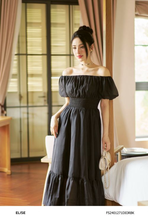 ĐẦM TƠ ĐEN TRỄ VAI CHUN EO