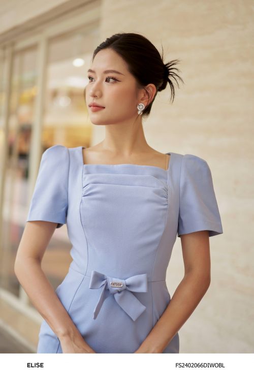 ĐẦM XANH DA TRỜI CỔ VUÔNG NƠ EO