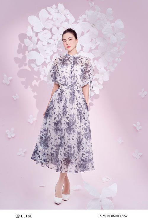 ĐẦM TƠ TRẮNG HOA ĐEN RÚT DÂY VAI