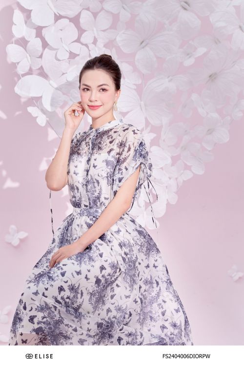 ĐẦM TƠ TRẮNG HOA ĐEN RÚT DÂY VAI