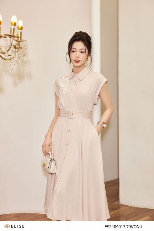 ĐẦM NUDE KẺ TRẮNG THÊU HOA NGỰC
