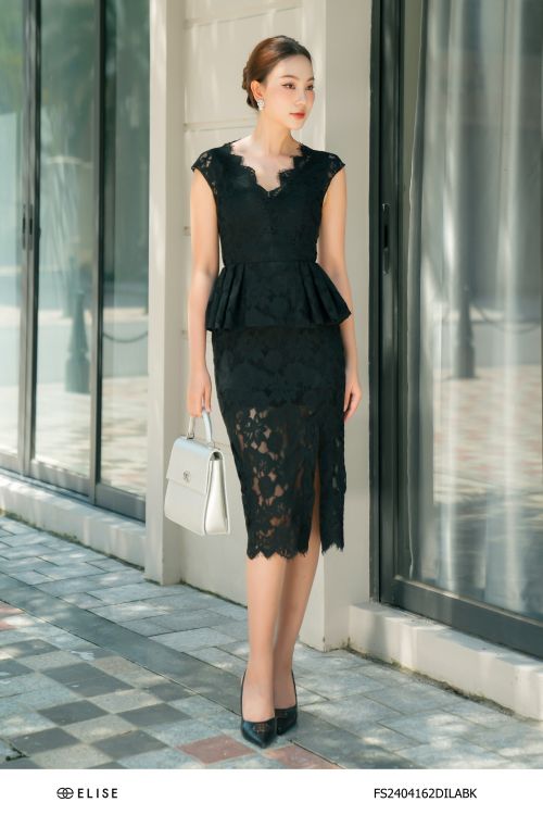 ĐẦM REN HOA ĐEN PEPLUM ĐAI EO