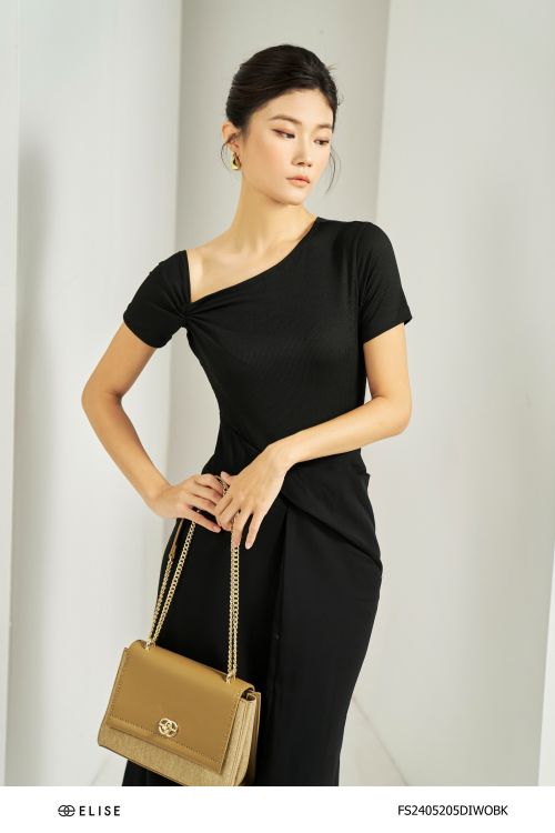 ĐẦM ĐEN PHỐI THUN CỔ CHÉO XOẮN VAI