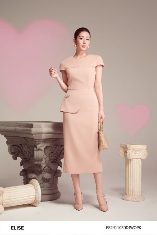 ĐẦM HỒNG TÔM TAY LIỀN PEPLUM