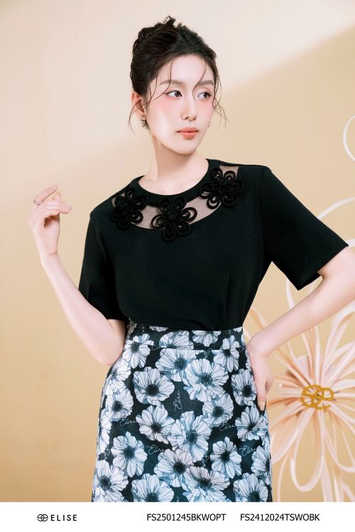 ÁO ĐEN CỔ PHỐI LƯỚI ĐINH DÂY HOA