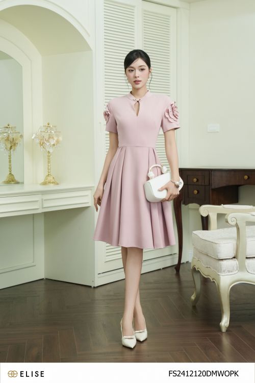 ĐẦM HỒNG XÒE XẾP LY TAY HOA