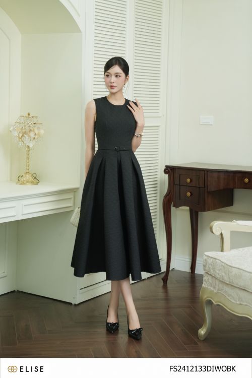 ĐẦM XỐP ĐEN HT CHÂN XẾP LY ĐAI EO
