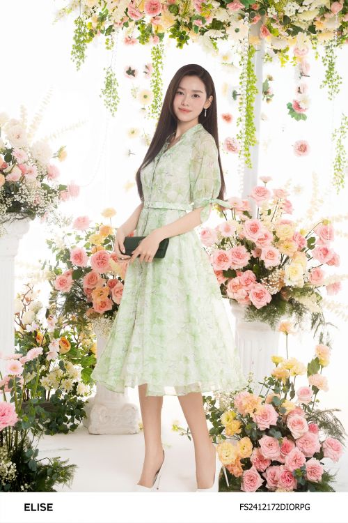 ĐẦM TƠ HOA GINKGO XANH TAY BUỘC NƠ