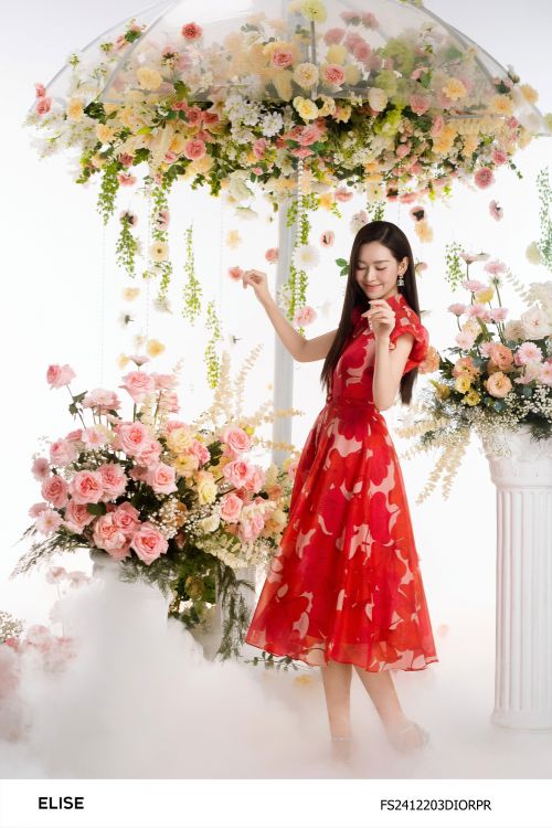 ĐẦM TƠ HOA GINKGO ĐỎ TAY NHÚN PHỒNG