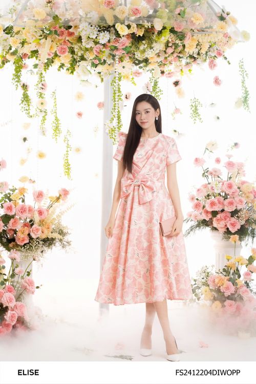 ĐẦM TAFTA ÓNG HOA GINKGO HỒNG NƠ EO