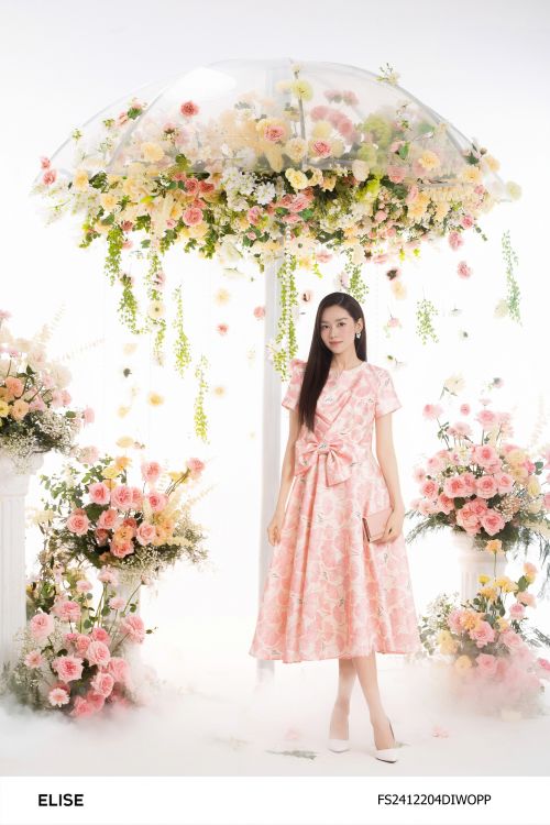 ĐẦM TAFTA ÓNG HOA GINKGO HỒNG NƠ EO