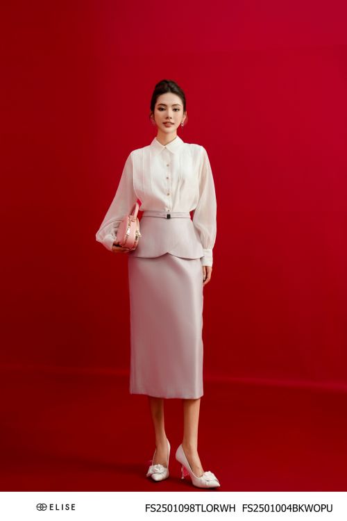 JUPE TAFTA LỤA TÍM CẠP PEPLUM XẾP CHỒNG