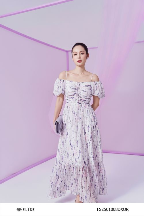 ĐẦM TƠ TRẮNG HOA LAVENDER TRỄ VAI NHÚN NGỰC