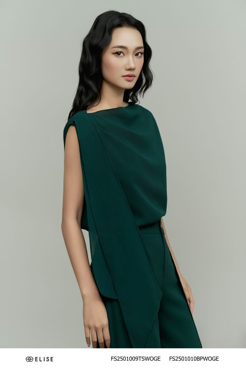 ÁO XANH LÁ ĐẬM XẾP LY CHÉO DÂY VẠT