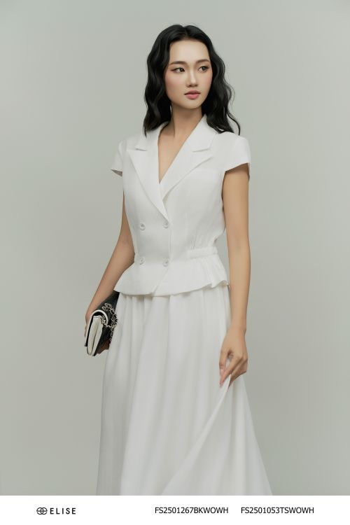ÁO SẠN TRẮNG CỔ VEST CHUN EO