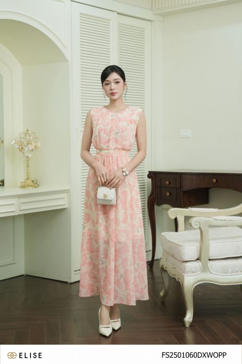 ĐẦM CHIFFON SÁT NÁCH HOA GINKGO HỒNG
