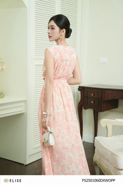 ĐẦM CHIFFON SÁT NÁCH HOA GINKGO HỒNG