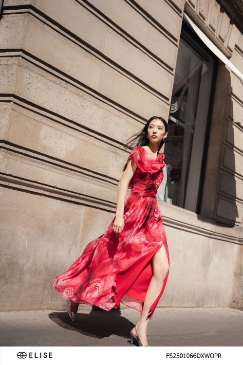 ĐẦM MAXI ĐỎ HỒNG XẾP NHÚN NƠ VAI