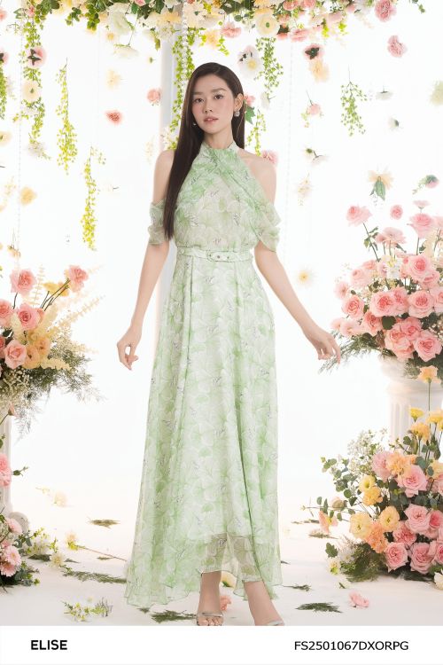 ĐẦM MAXI HOA XANH GINKGO CỔ YẾM