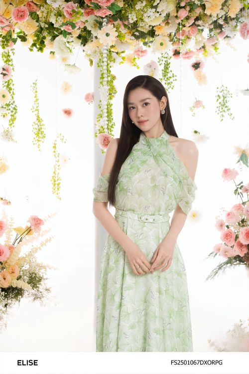 ĐẦM MAXI HOA XANH GINKGO CỔ YẾM