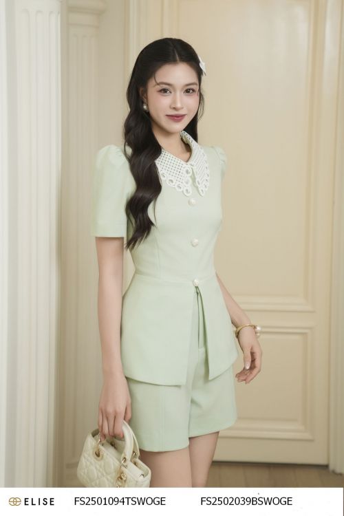 ÁO VÂN XANH BẠC HÀ PEPLUM PHỐI LÁ CỔ TRẮNG