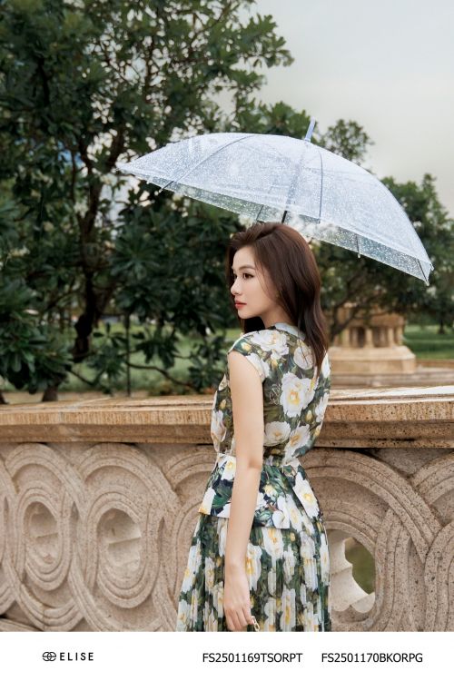 ÁO TƠ XANH HOA TRẮNG PHỐI PEPLUM LỤA