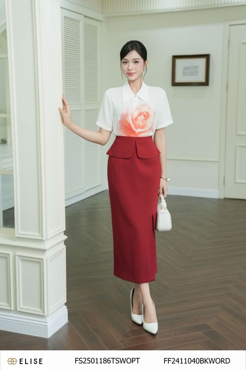 JUPE ĐỎ XẺ BÊN CẠP PEPLUM