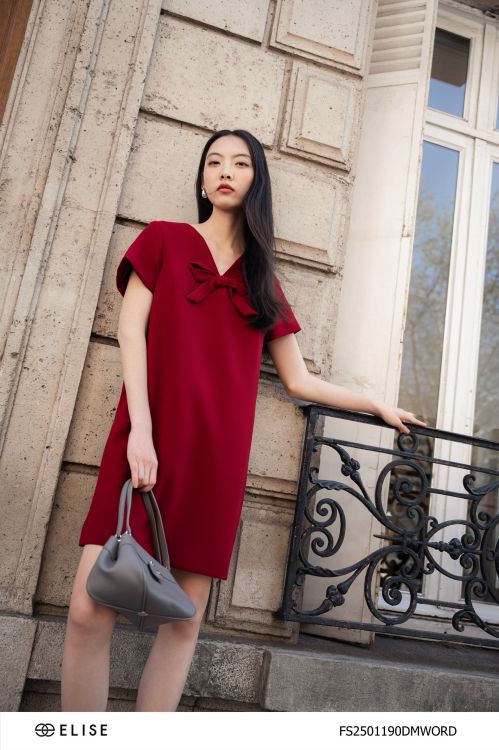 ĐẦM SUÔNG ĐỎ SẪM CỔ V ĐÍNH NƠ