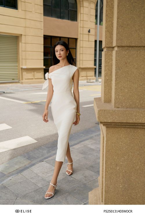ĐẦM VÂN KEM TRỄ VAI XẾP LY ĐÍNH HOA