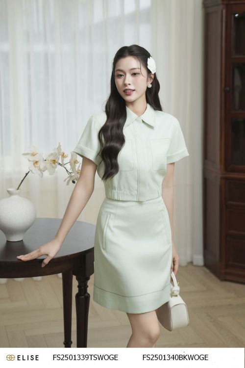 ÁO SỢI XANH BẠC HÀ TÚI NGỰC DIỄU CHỈ