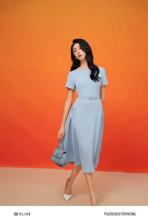 ĐẦM XANH DA TRỜI XẾP NHÚN EO