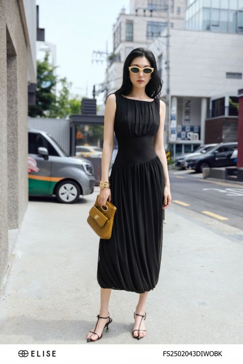 ĐẦM CHIFFON ĐEN XẾP NHÚN BOOM GẤU