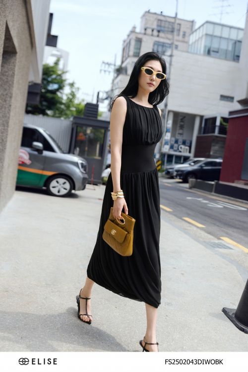 ĐẦM CHIFFON ĐEN XẾP NHÚN BOOM GẤU