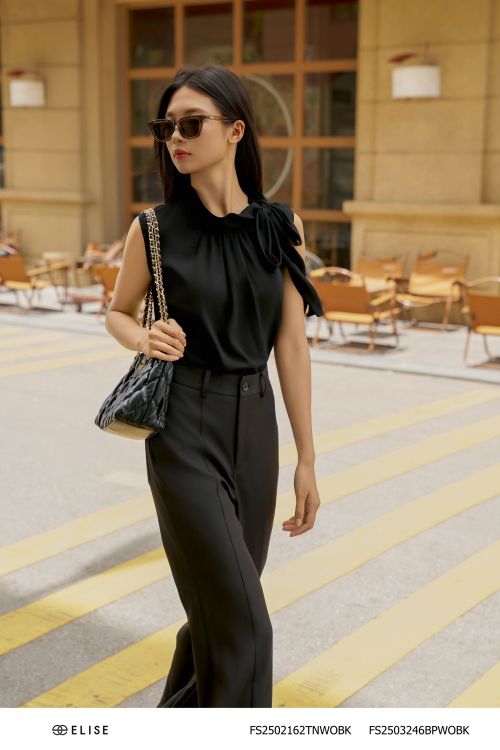 ÁO SẠN CÁT ĐEN BUỘC DÂY NƠ CỔ