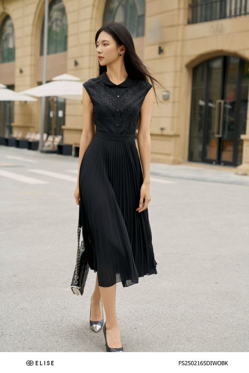 ĐẦM CHIFFON ĐEN DẬP LY PHỐI REN