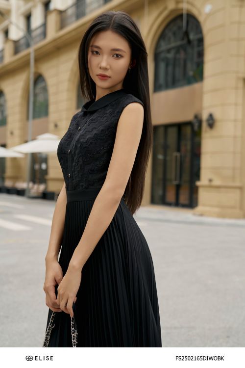 ĐẦM CHIFFON ĐEN DẬP LY PHỐI REN