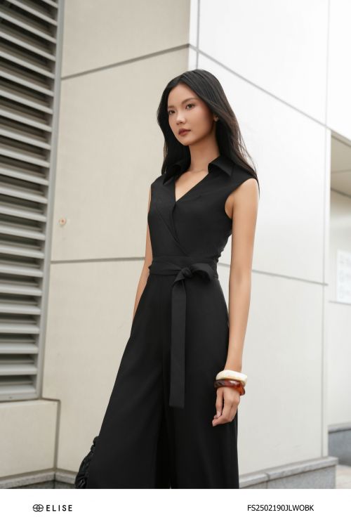 JUMPSUIT DÀI ĐEN CỔ V MỞ XẾP LY CHÉO