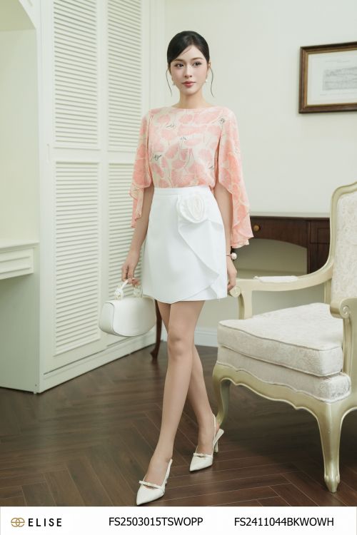 JUPE TAFTA TRẮNG PHỦ VẠT CUỐN HOA