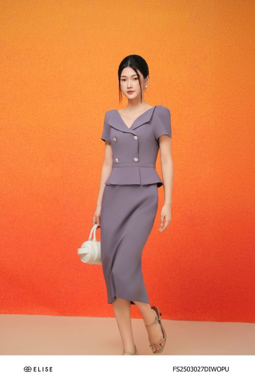 ĐẦM VÂN TÍM CẠP PEPLUM XẾP LY