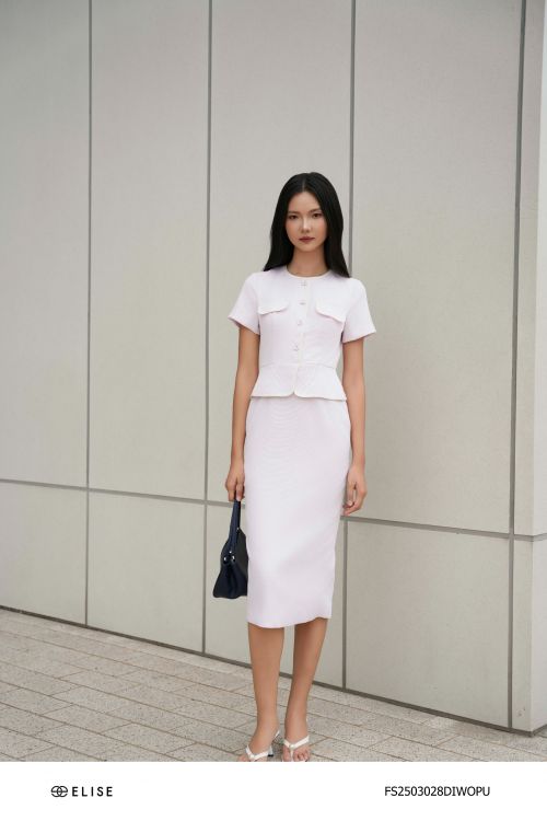 ĐẦM SỢI TÍM NHẠT CẠP PEPLUM PHỐI VIỀN