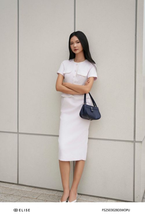ĐẦM SỢI TÍM NHẠT CẠP PEPLUM PHỐI VIỀN