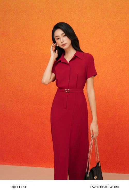 ĐẦM SẠN ĐỎ ĐẬM XẺ LỆCH ĐAI EO