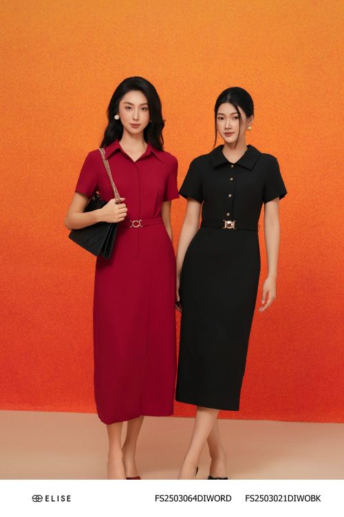 ĐẦM SẠN ĐỎ ĐẬM XẺ LỆCH ĐAI EO